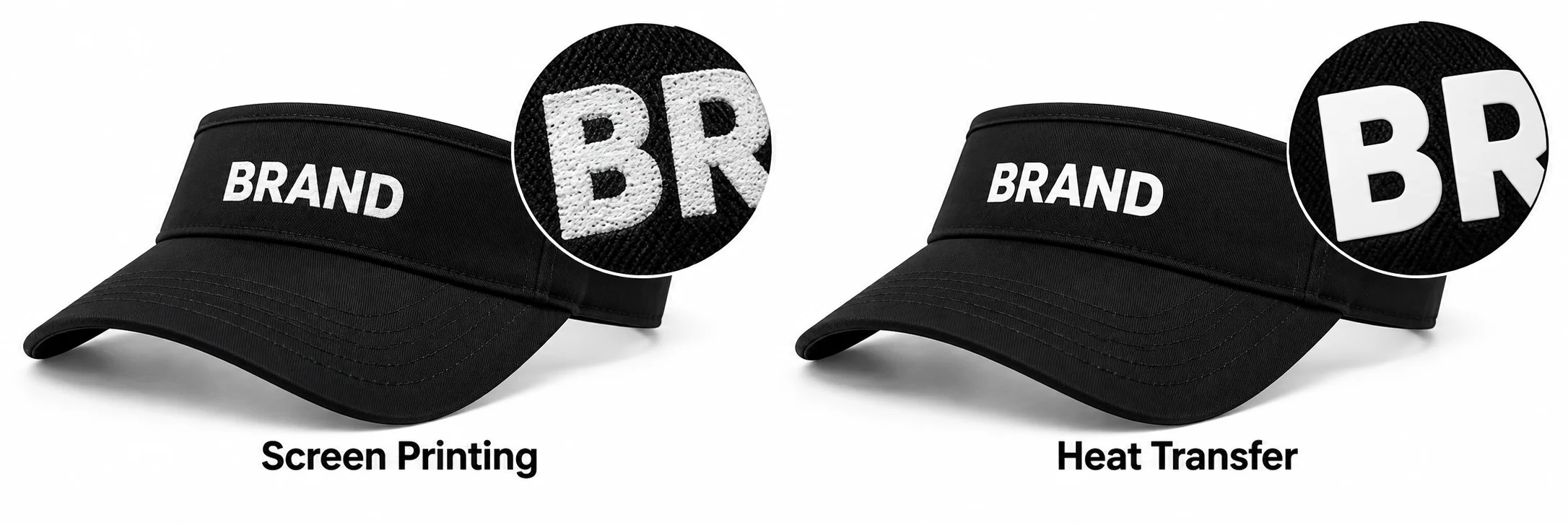 Screen printing and heat transfer shown on black visors with enlarged lettering details