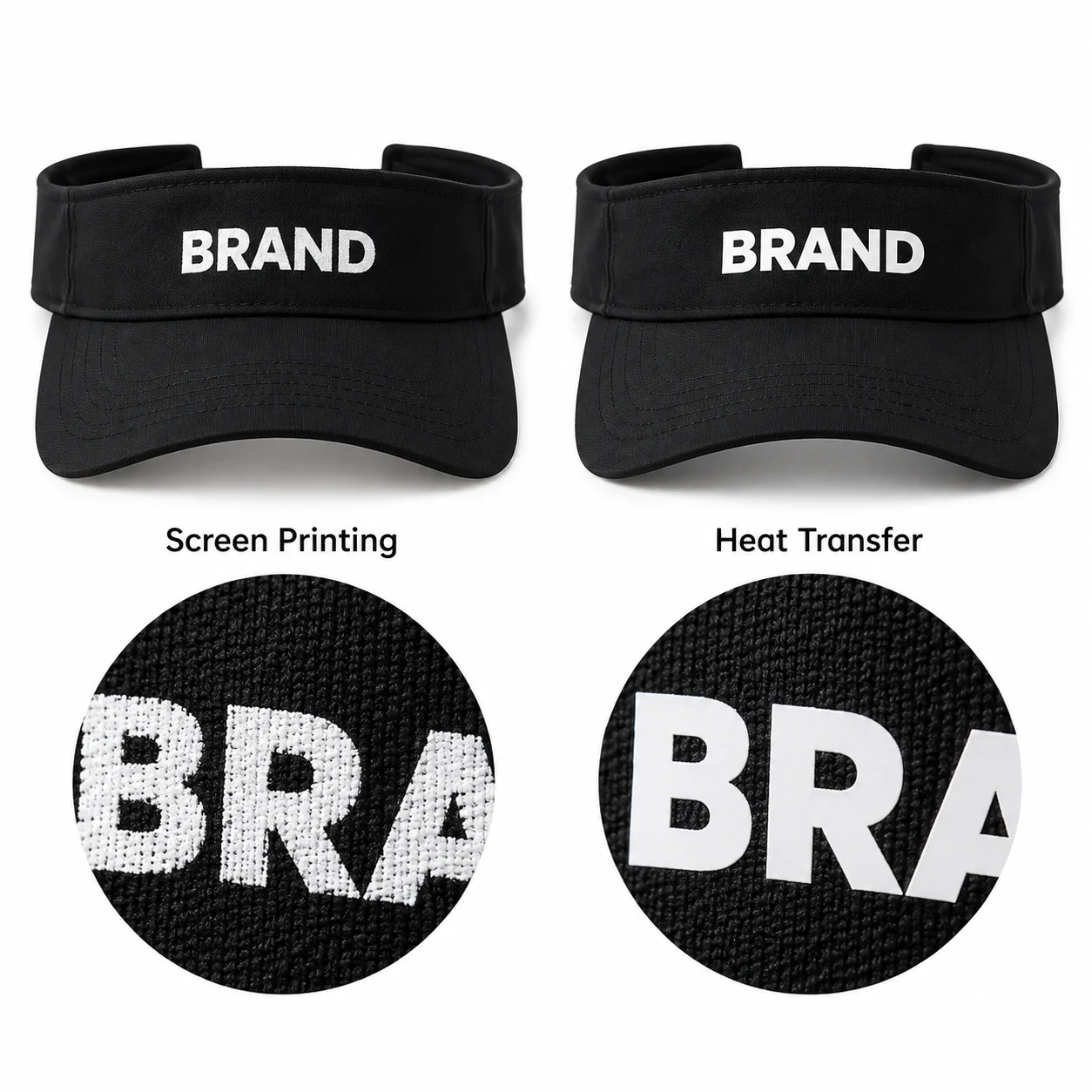 Black visors comparing white screen printing and heat-transfer lettering with enlarged details