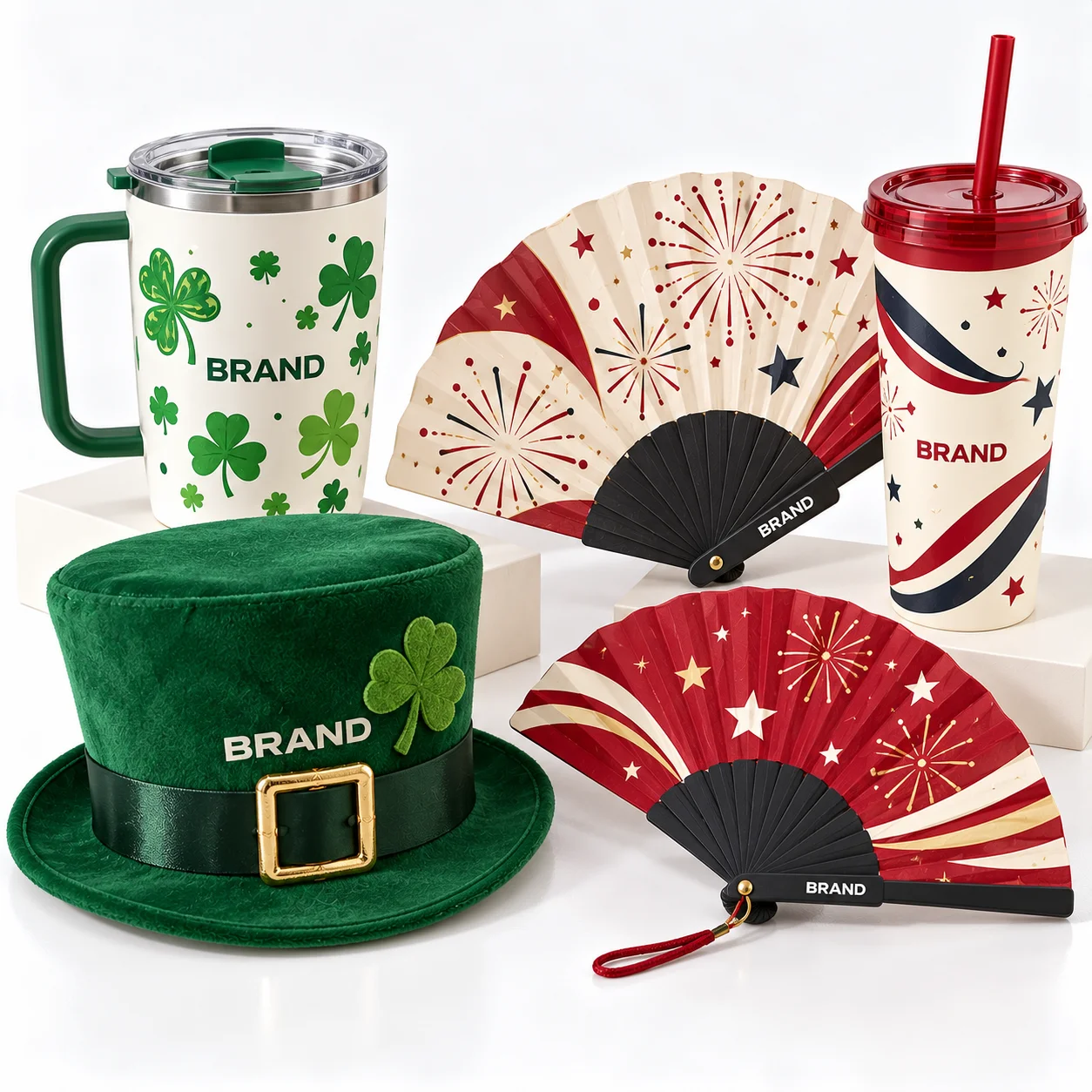 Shamrock cup and green festive hat beside celebration fans and a party cup.