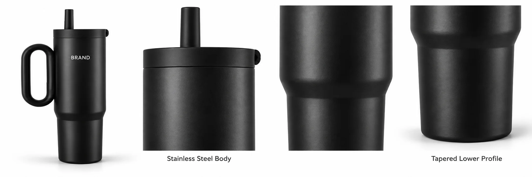 Black handled tumbler beside enlarged views of its exterior finish and tapered lower section