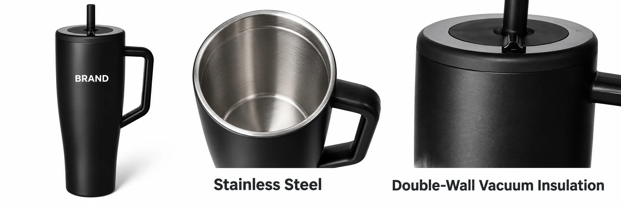Black handled tumbler beside interior, rim and finish details with stainless steel and vacuum insulation labels.