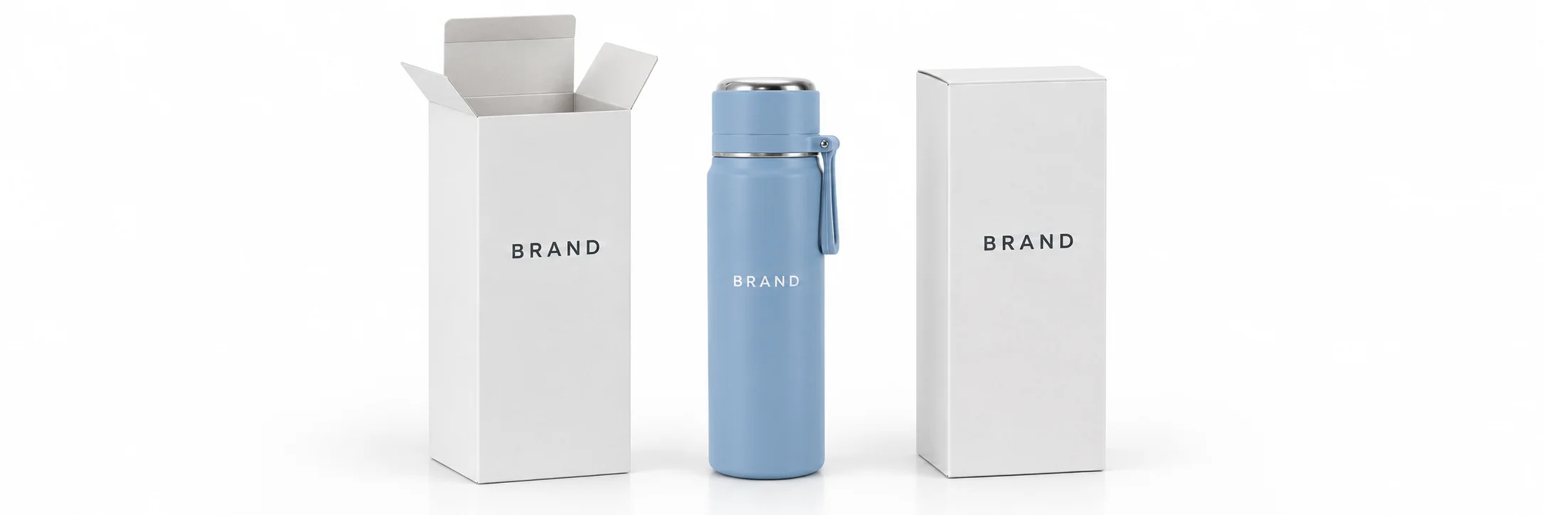 Light-blue carry-loop bottle beside open and closed white paperboard boxes