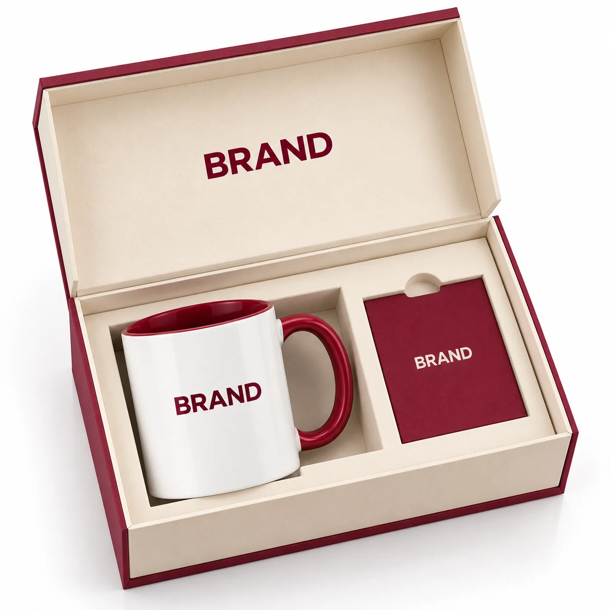 Printed ceramic mug in an open ivory presentation box with a burgundy card.