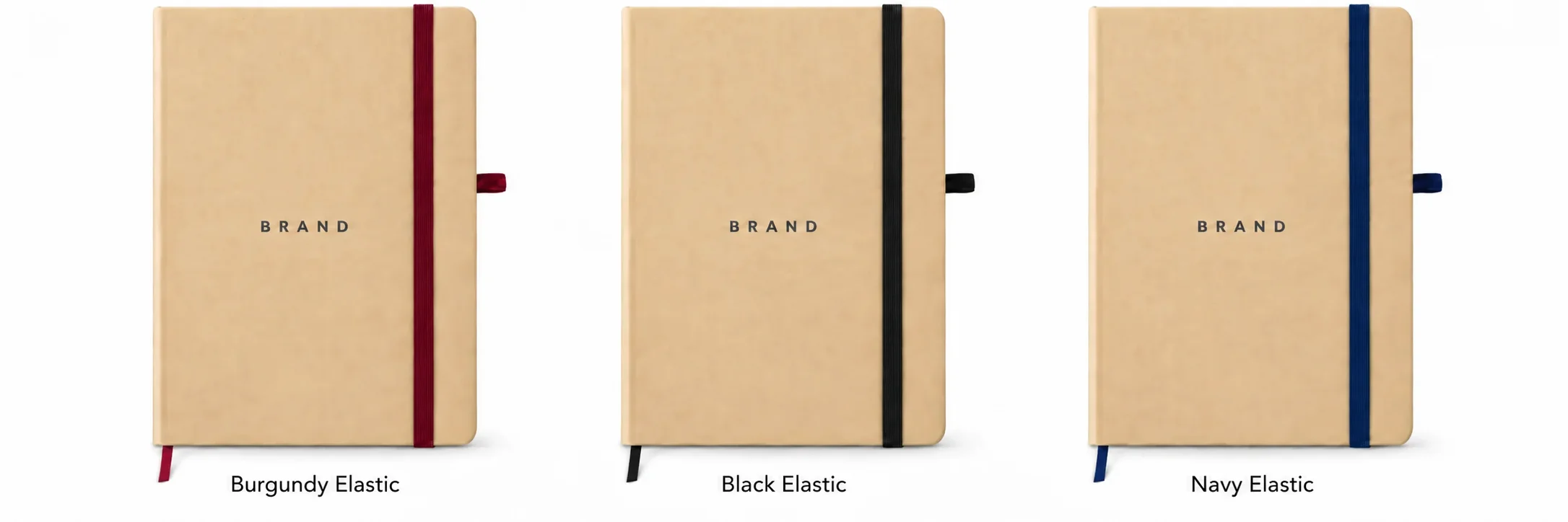 Beige notebooks with burgundy, black and navy elastic closure bands