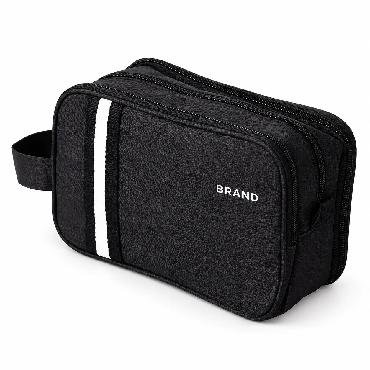 Closed black polyester toiletry bag with contrasting stripes, white lettering, zipper closure and side loop.