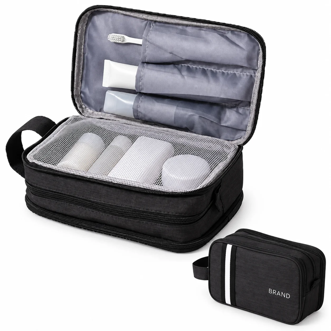 Open black toiletry bag with small personal-care containers beside a closed exterior view with white lettering.