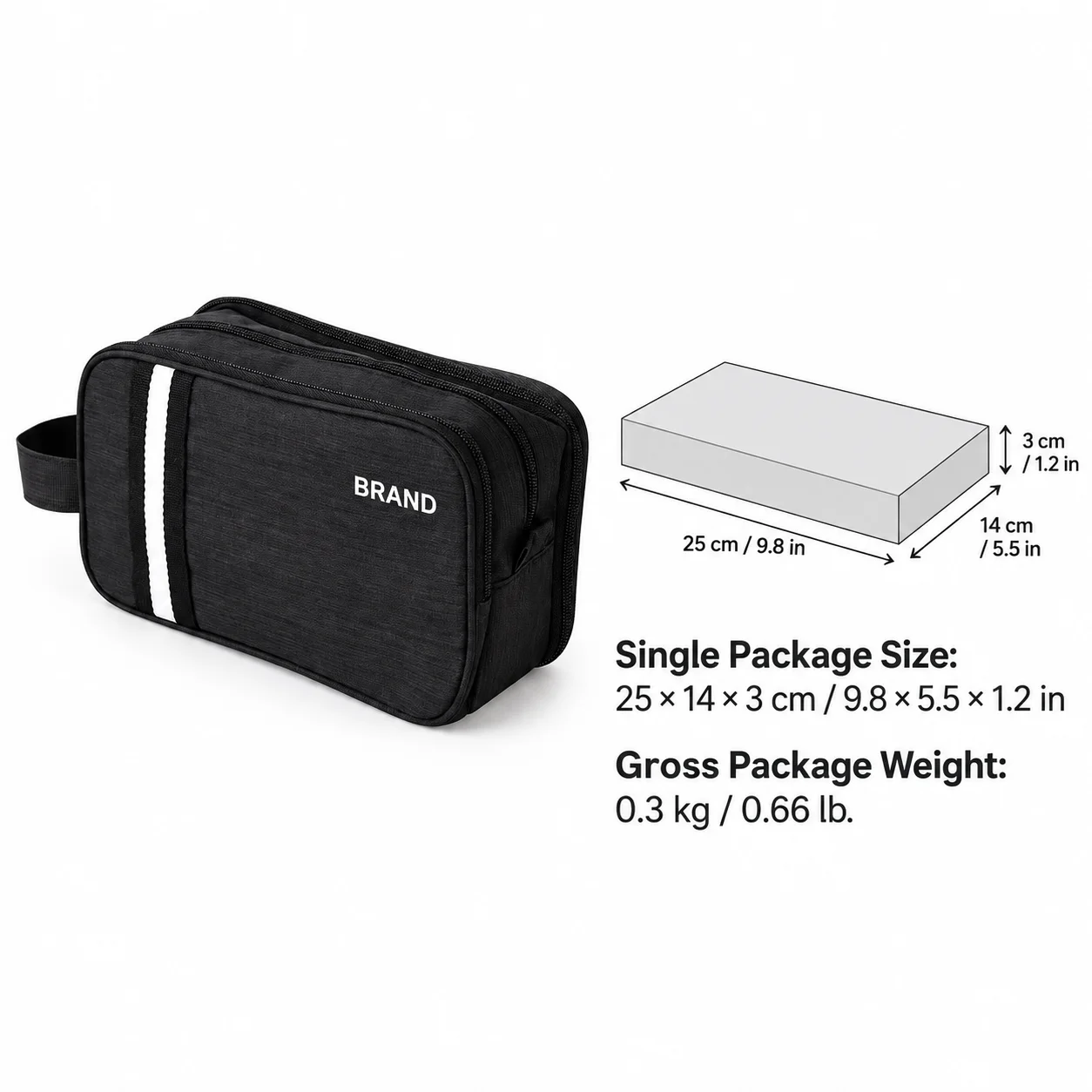 Black striped toiletry bag beside a package diagram measuring 25 by 14 by 3 centimeters with gross weight of 0.3 kilogram.