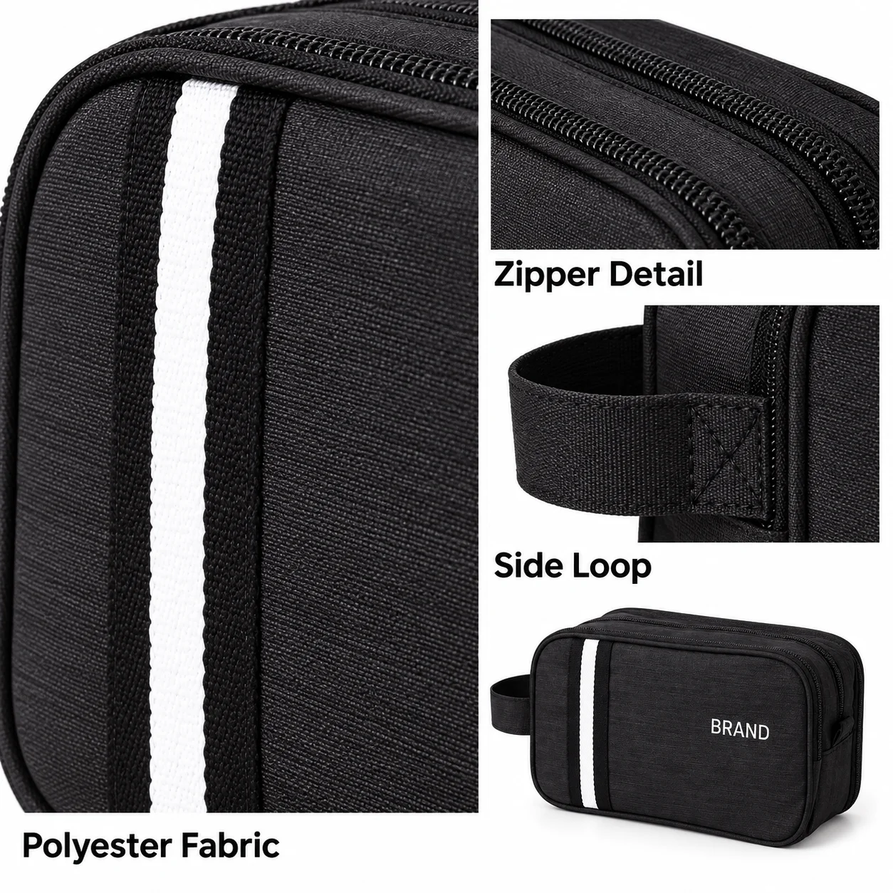 Close-ups of polyester fabric, zipper and side loop attachment beside a black striped toiletry bag.