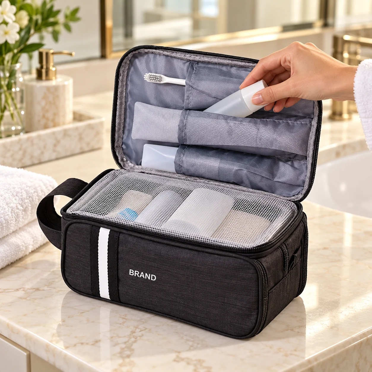 Person placing a small personal-care container into a black striped toiletry bag on a hotel vanity.