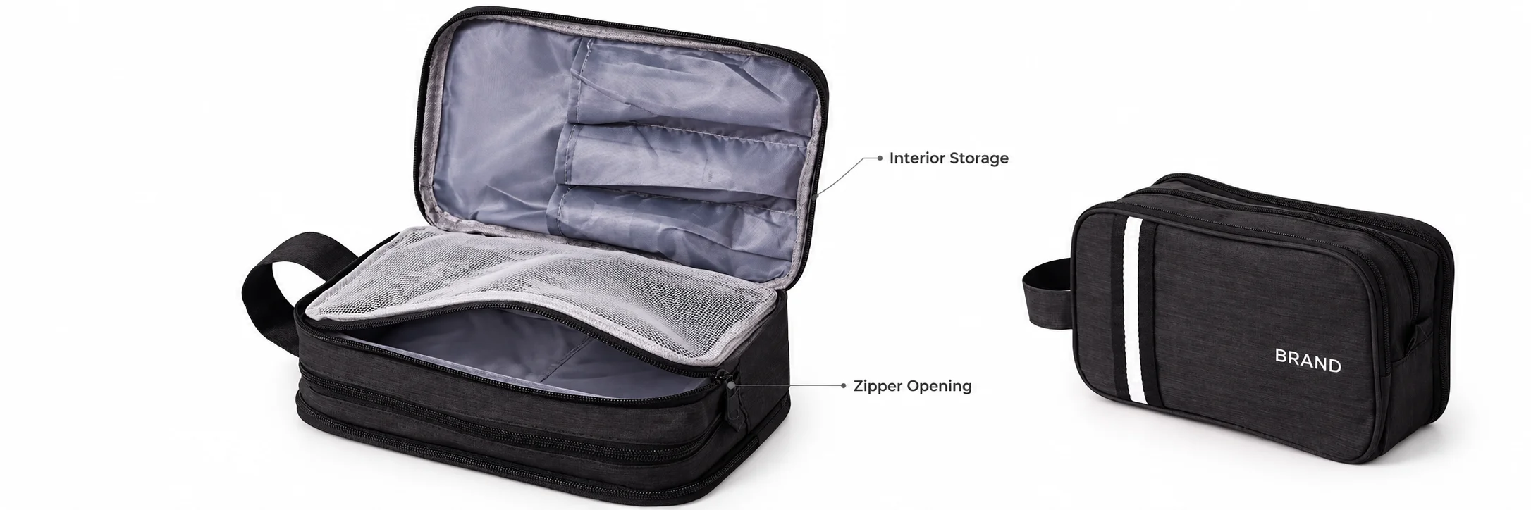 Empty open toiletry bag showing its storage arrangement beside a closed black striped exterior view.