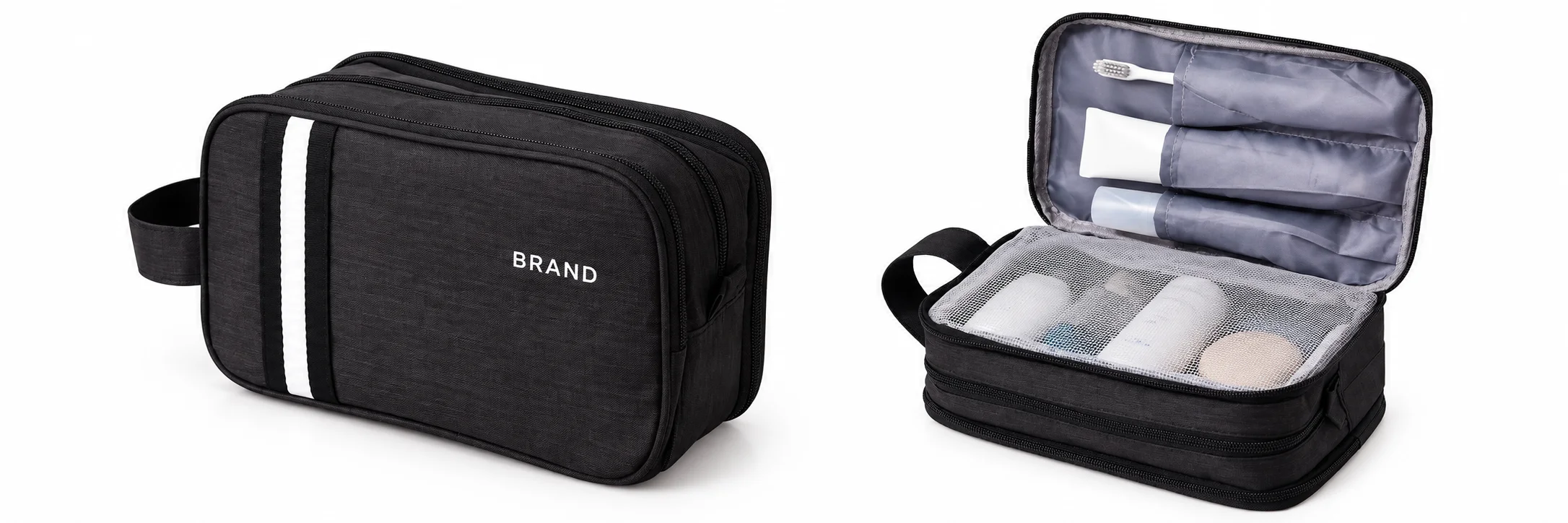 Closed black striped toiletry bag with white lettering beside an open view showing its interior storage.