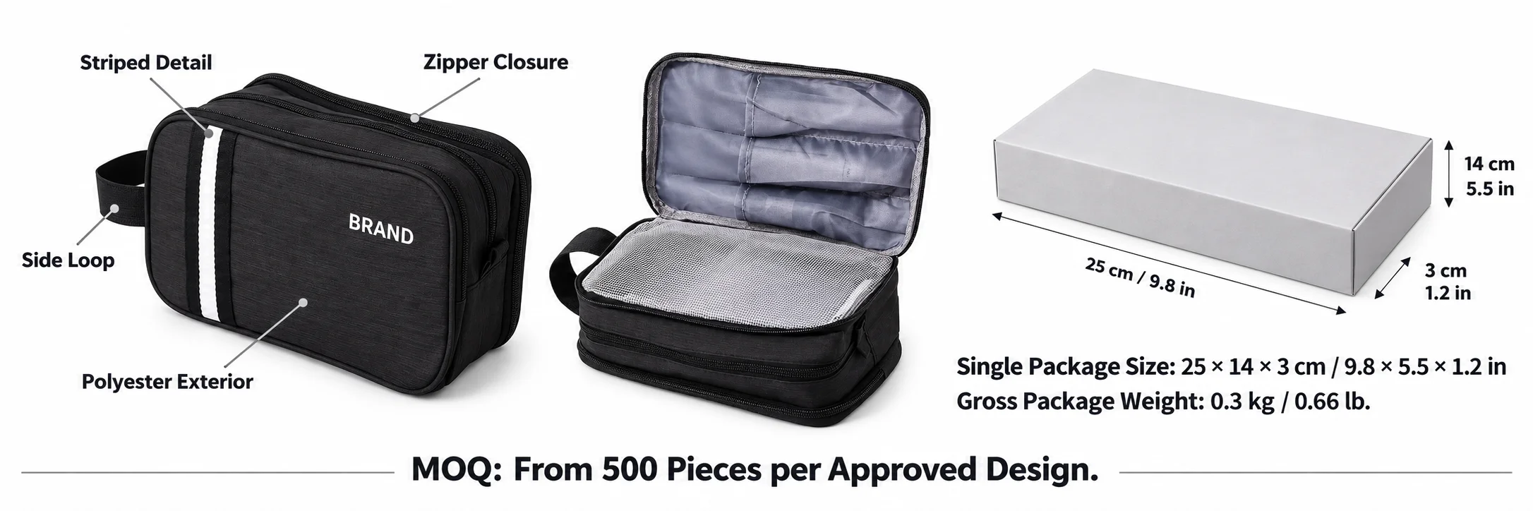 Black striped toiletry bag with feature labels beside package dimensions, gross weight and minimum order information.