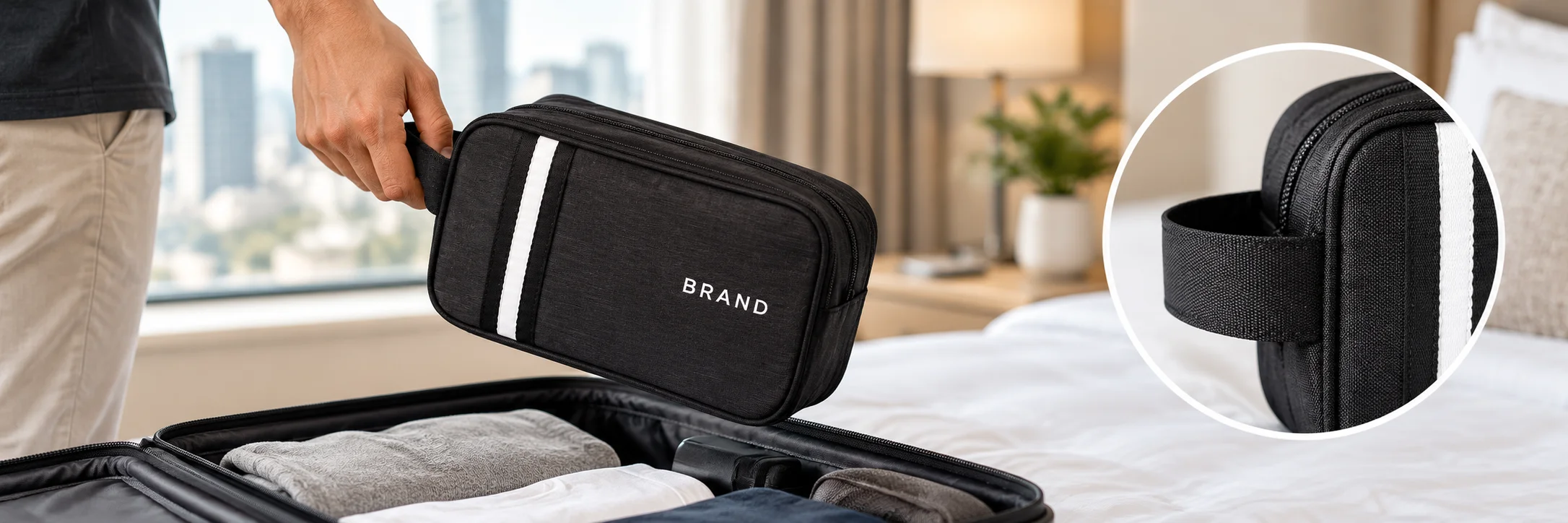 Traveler lifting a black striped toiletry bag by its side loop beside a suitcase, with a close-up of the loop attachment.