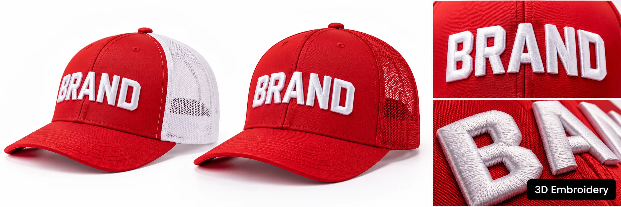 Red cap with raised white embroidery shown in full view and enlarged stitch close-ups