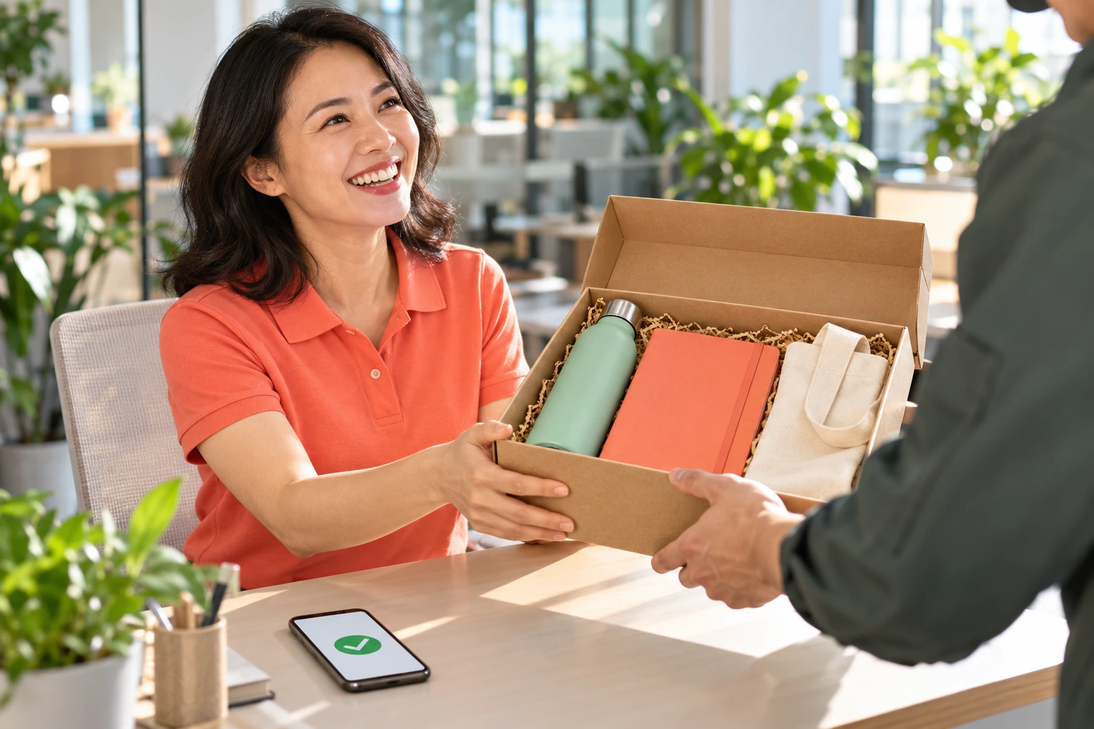 Smiling office employee receiving an open corporate gift box from a delivery person with a smartphone showing green checkmark confirmation.