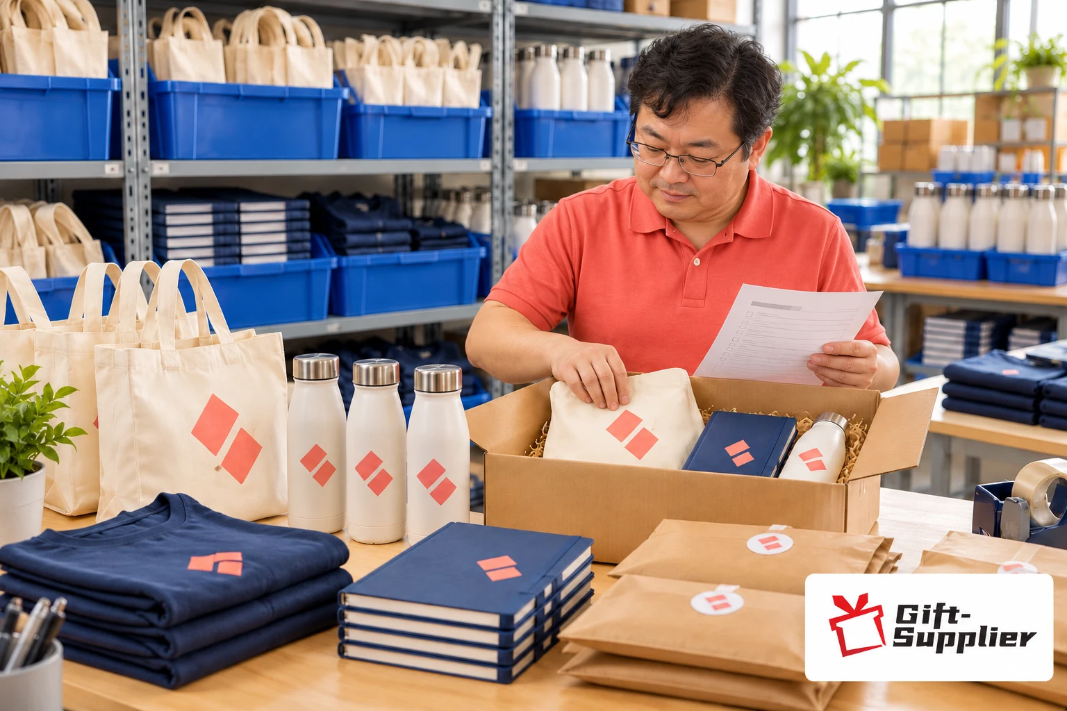Logistics worker packing branded canvas totes, notebooks, and water bottles into a cardboard box against a backdrop of organized blank stock.