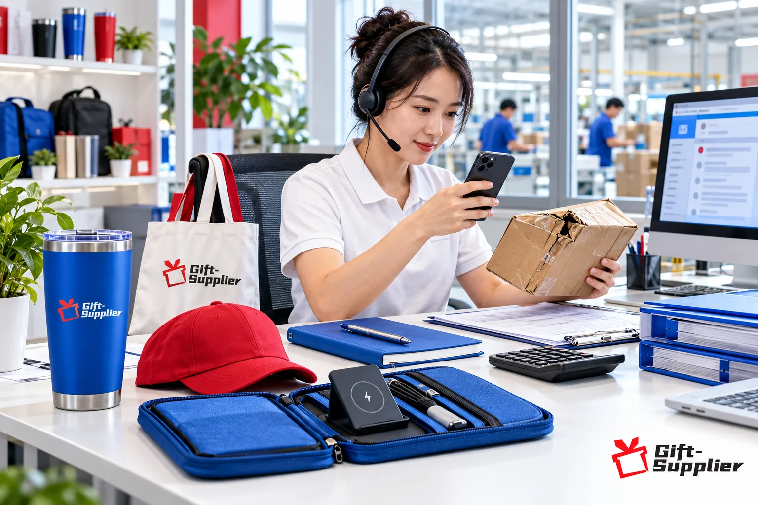 Customer support representative wearing a headset taking a photo of a damaged cardboard box next to branded promotional merchandise on a desk.