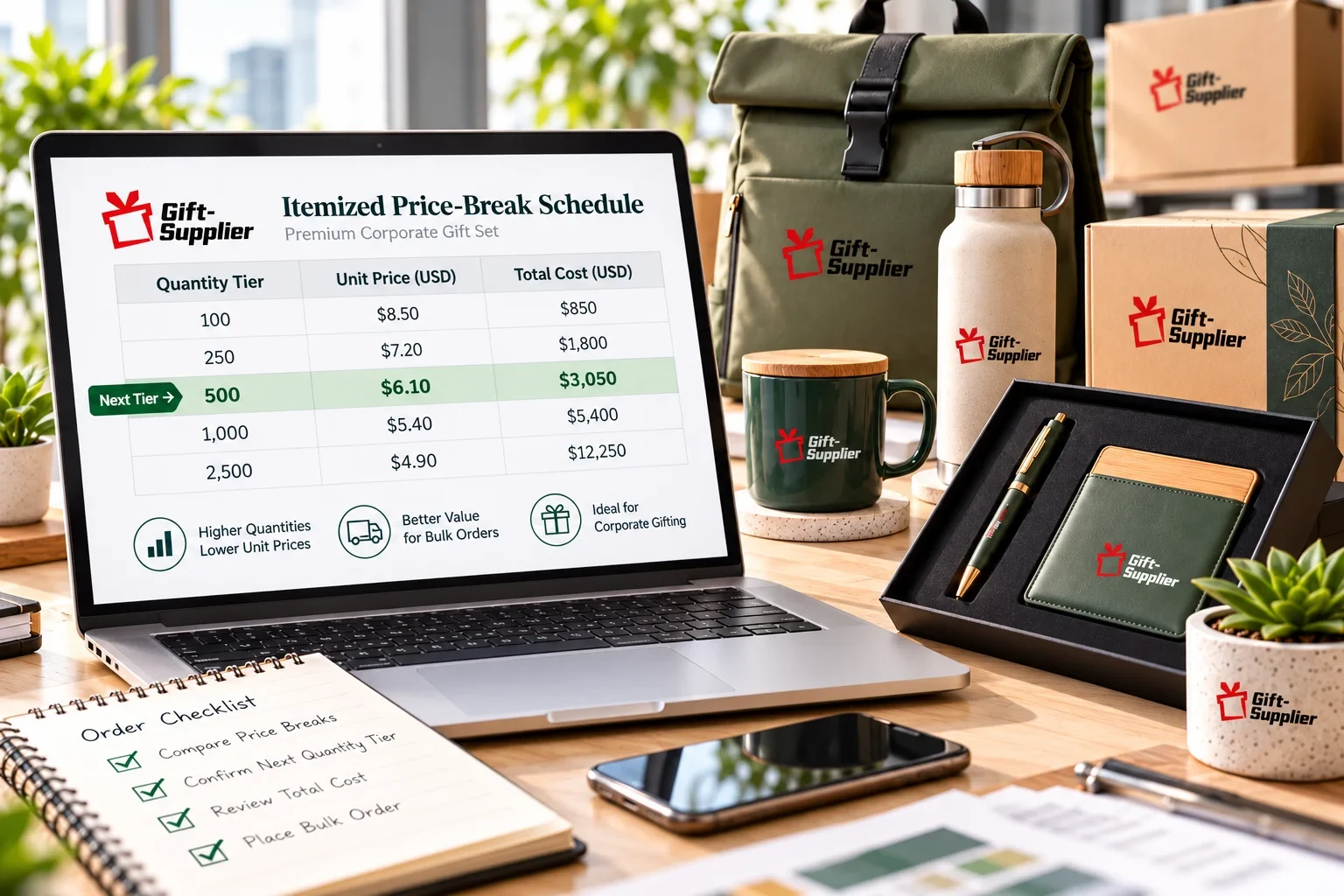 Supplier price-break schedule showing quantity tiers and unit prices