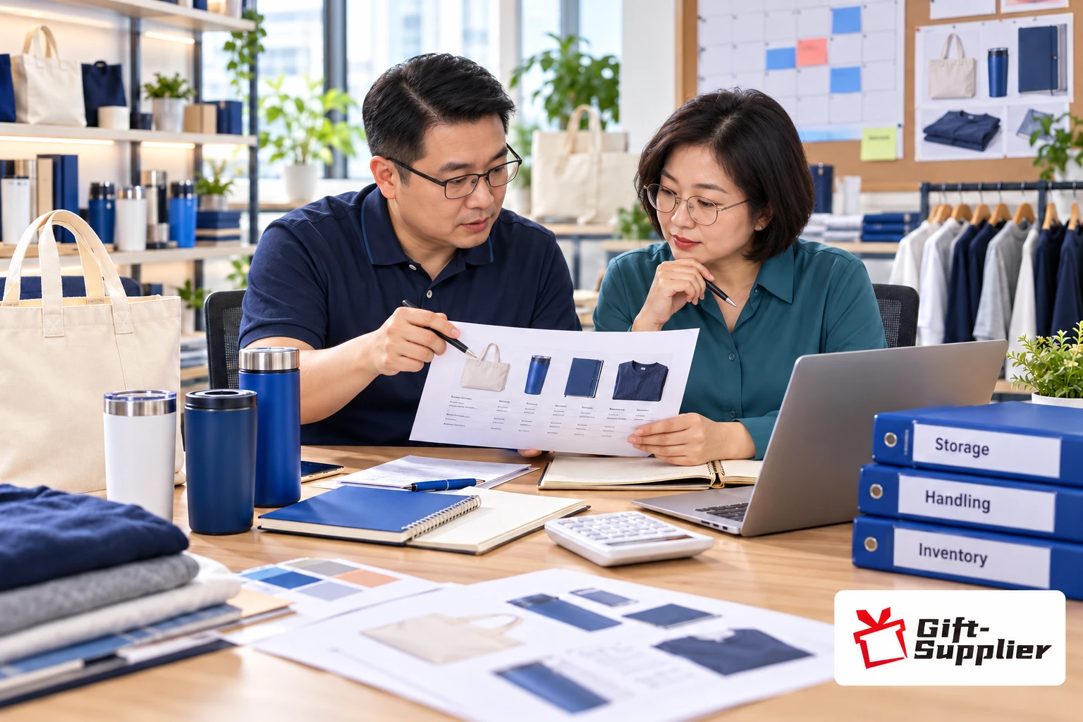 Two business professionals reviewing corporate gift inventory costs and product sheets with blue storage binders nearby.