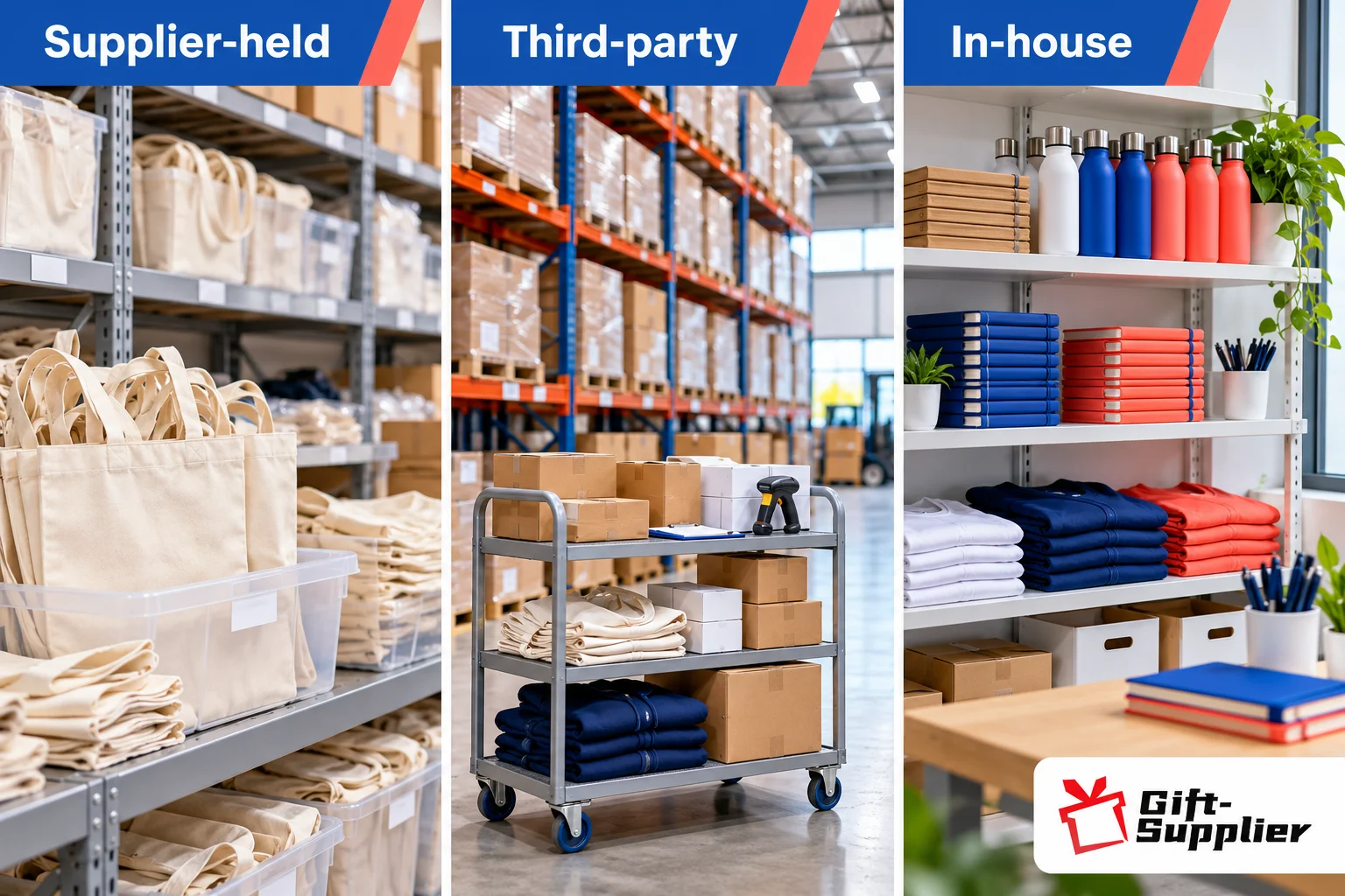 Three-panel comparison illustrating Supplier-held, Third-party, and In-house corporate merchandise storage solutions.