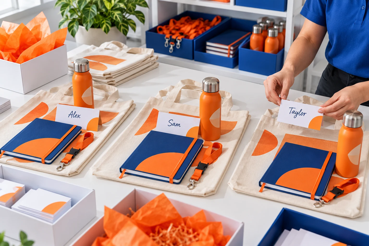 Person arranging personalized gift kits with name cards reading Alex, Sam, and Taylor on custom tote bags and notebooks.