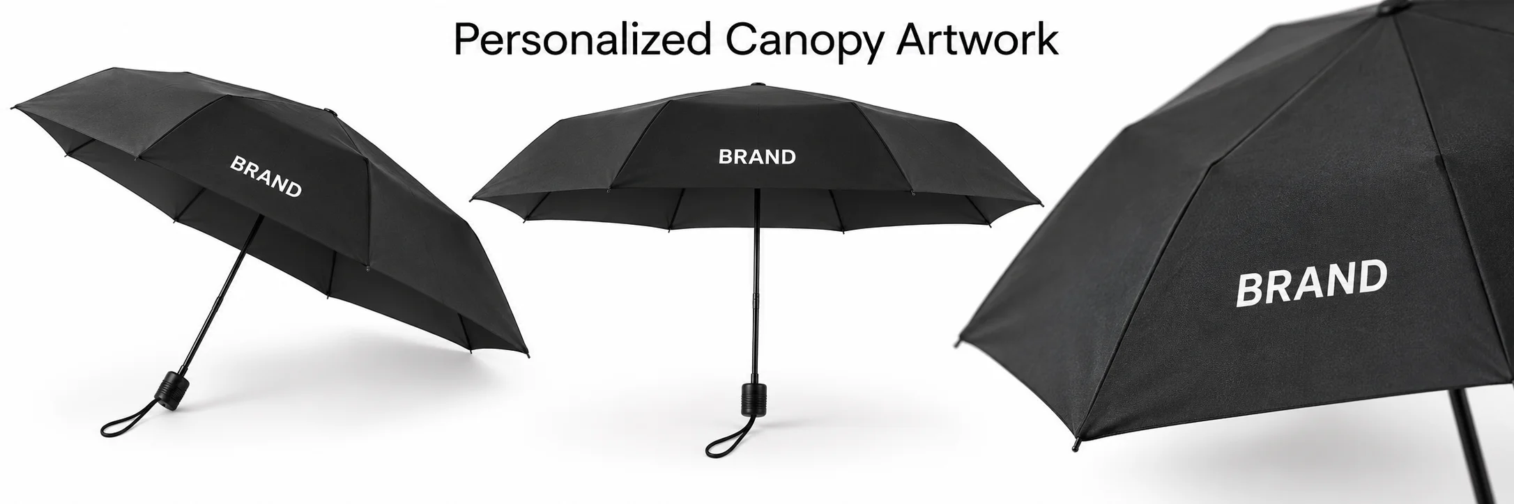 Folding umbrella views showing personalized lettering and a close-up of canopy artwork placement
