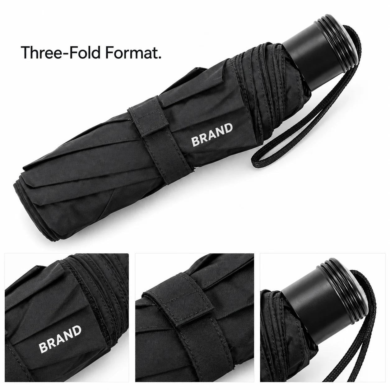 Folded umbrella beside close-ups of the gathered canopy and black plastic handle