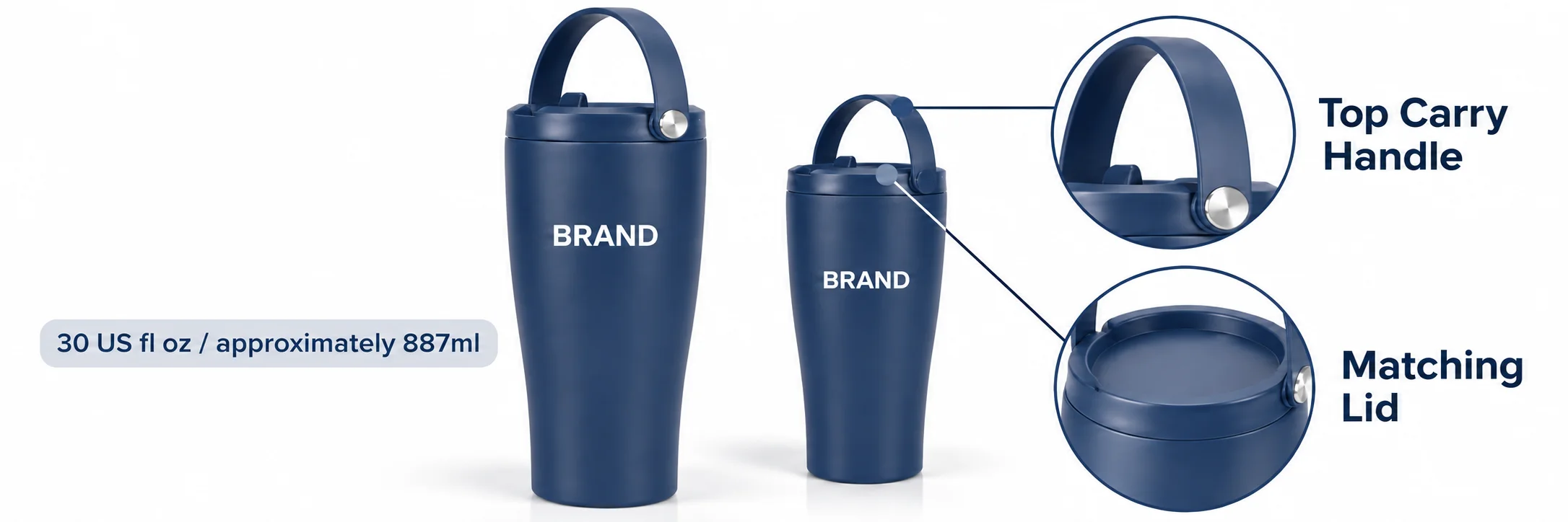 Navy tumbler with enlarged views of its arched handle, metallic side fitting and lid