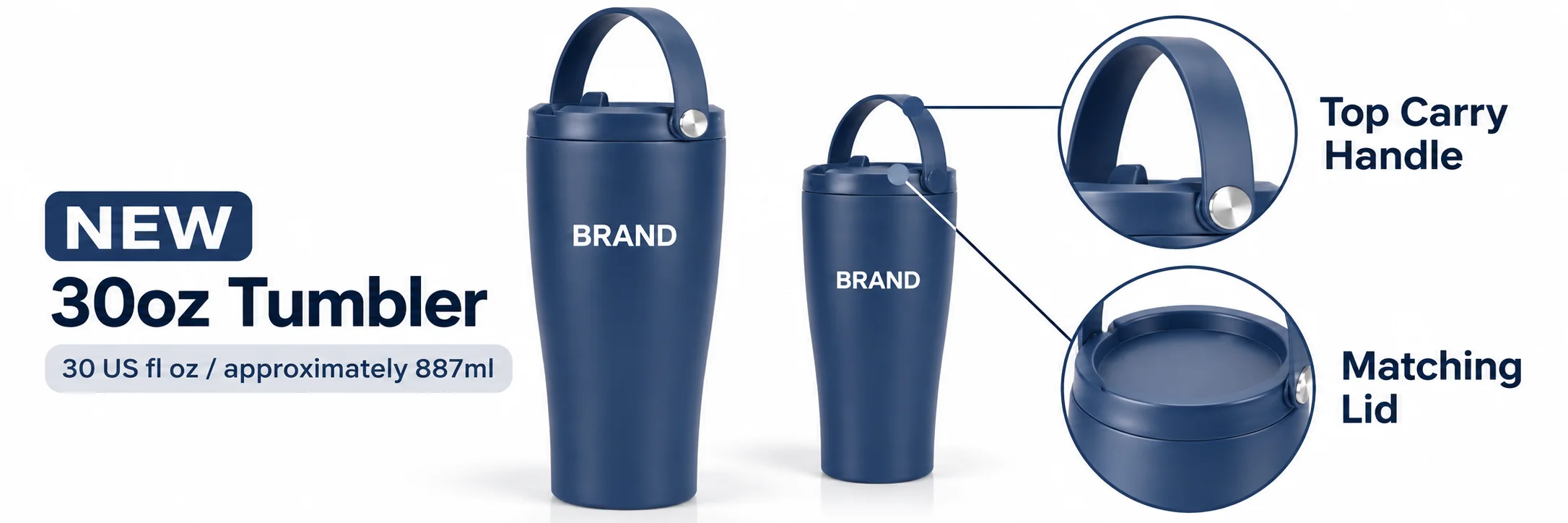 Navy, aqua and cream vacuum tumblers with matching top handles on a white background
