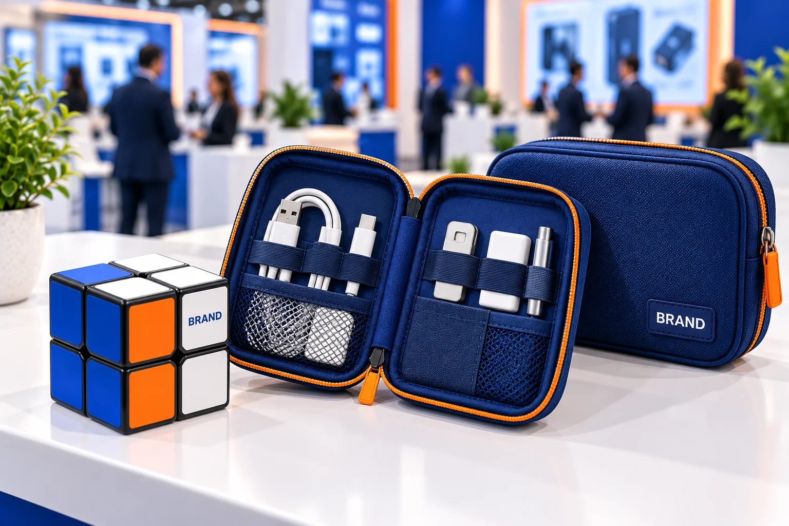 Blue, orange and white 2×2 puzzle cube beside open and closed blue tech organizers