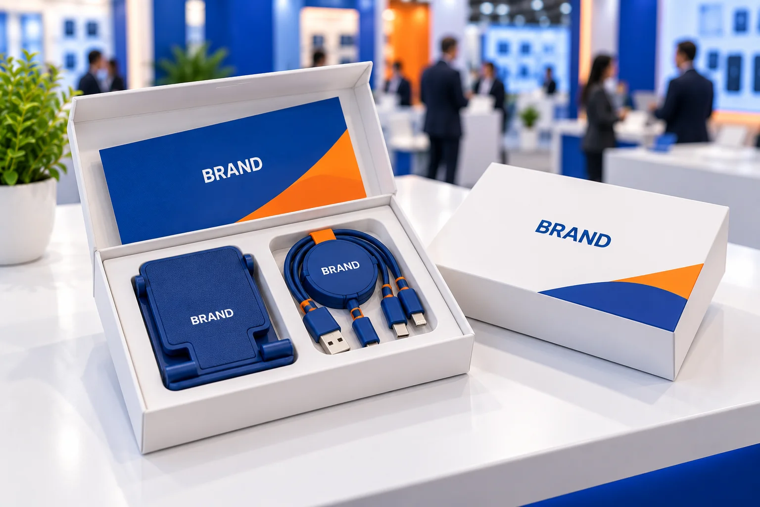 Open giveaway box with a folded blue phone stand, charging cable and campaign card
