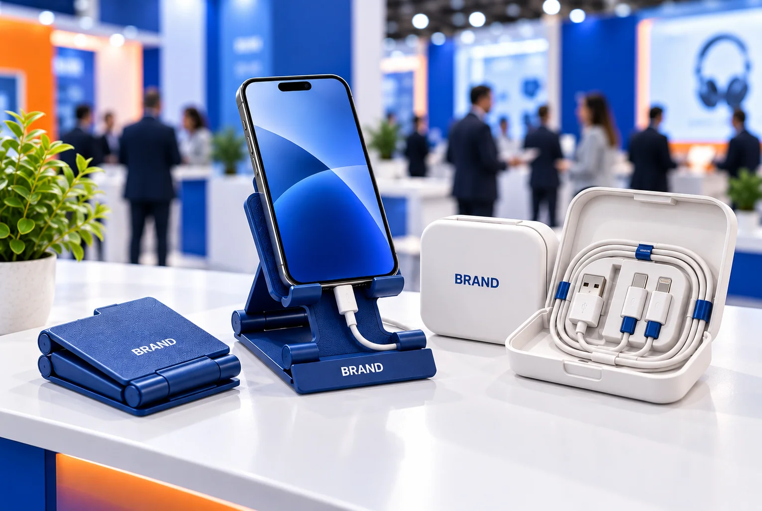 Blue phone stand holding a smartphone beside a folded stand and open charging cable case