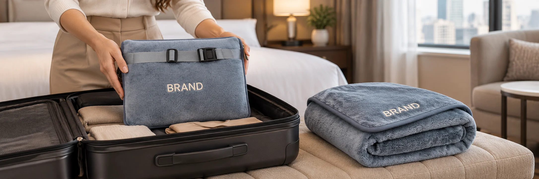 Woman packing a blue-gray blanket pouch into a carry-on bag beside a matching folded blanket