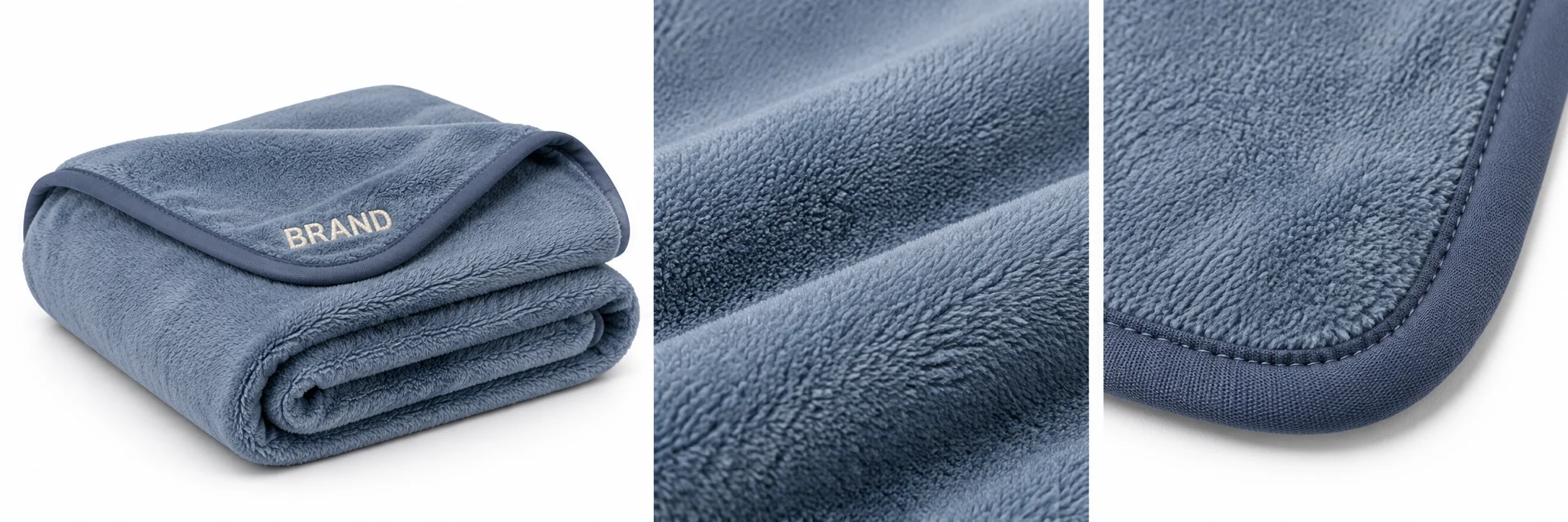 Folded blue-gray blanket beside enlarged details of its plush fabric and bound edge