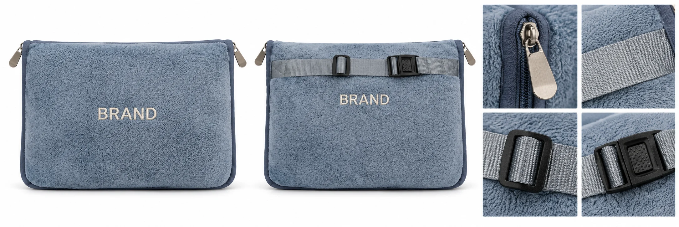 Blue-gray pouch views beside close-ups of its zipper, webbing strap, slider and buckle