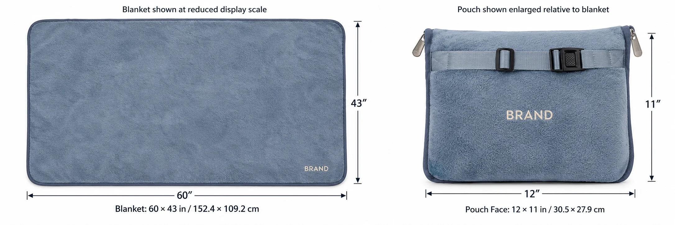 Open travel blanket and carry pouch showing their separate measurements in inches and centimeters