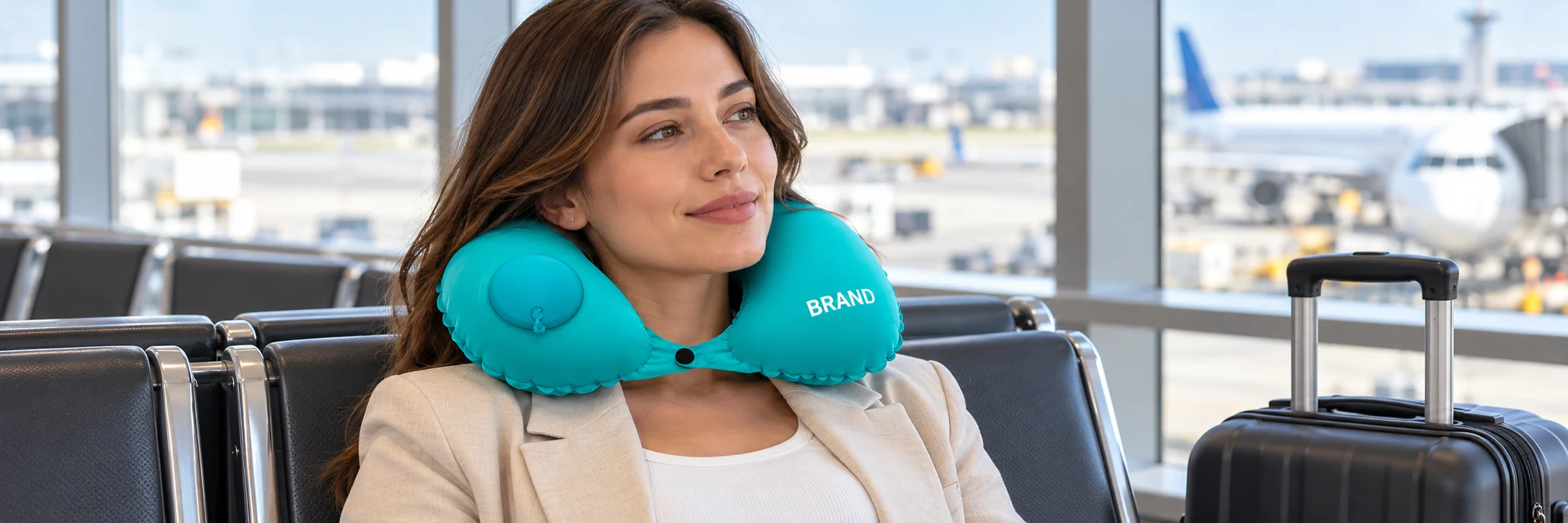 Woman wearing a turquoise inflatable neck pillow while seated in an airport departure lounge
