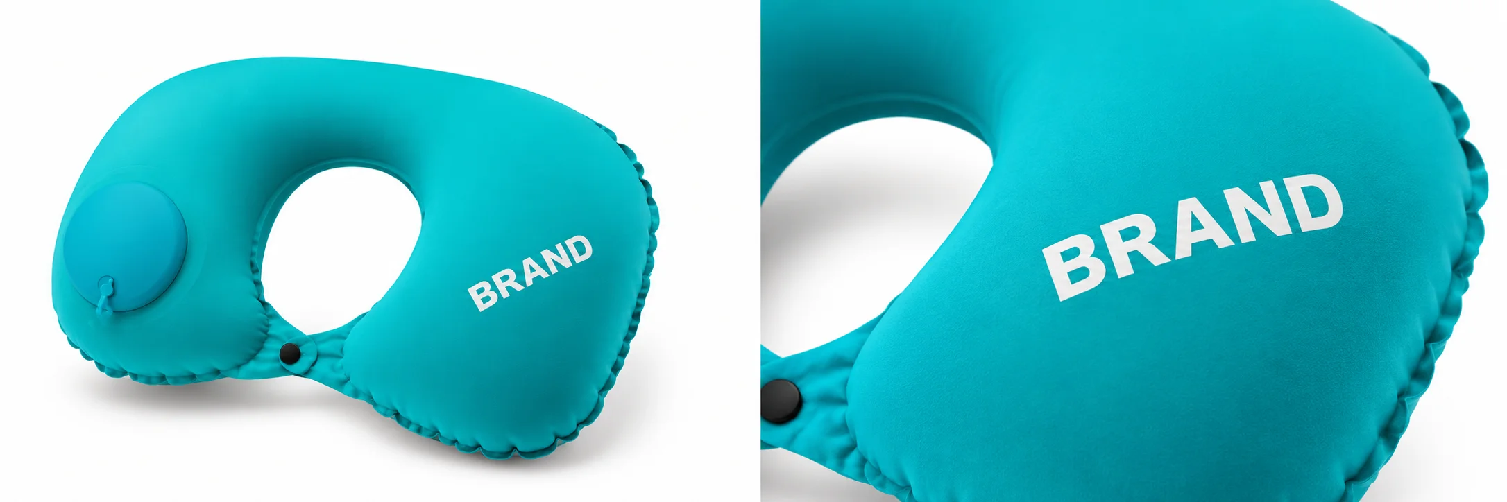 Turquoise neck pillow showing personalized artwork placement and an enlarged surface detail