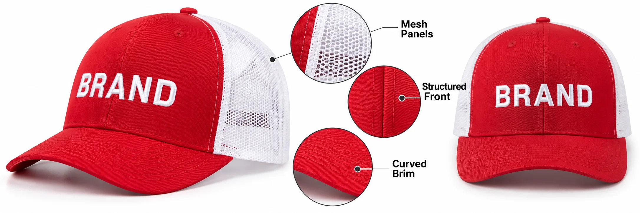 Red-and-white cap beside enlarged views of its mesh, front seam and brim stitching