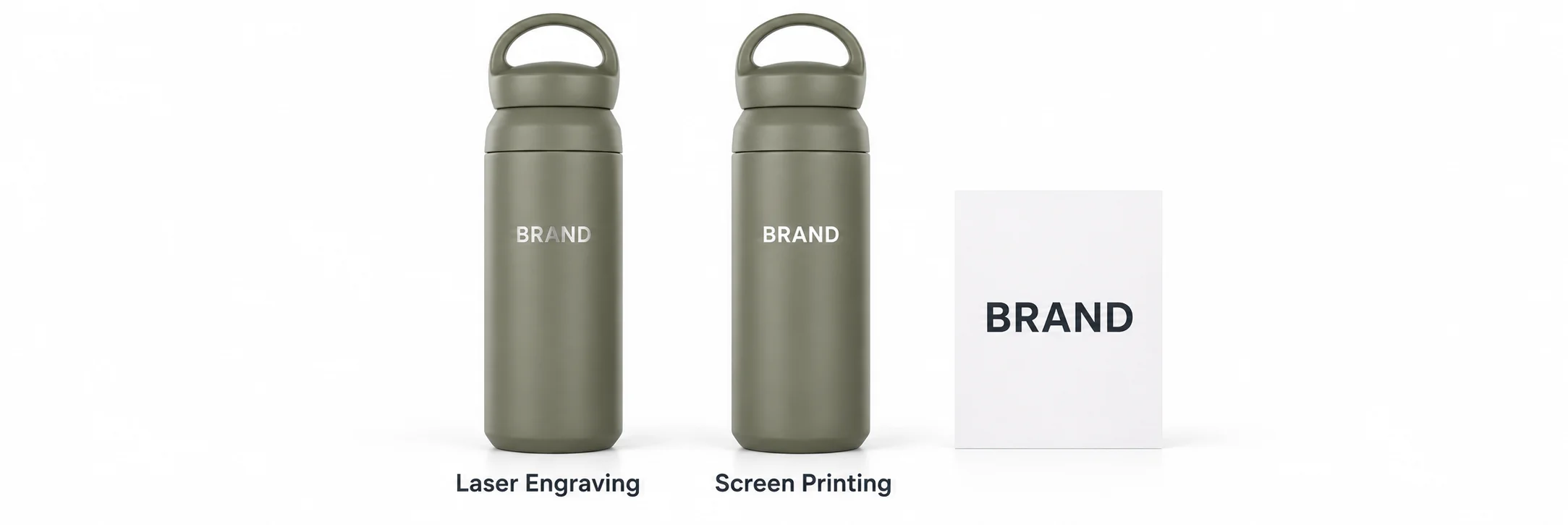 Olive vacuum flasks showing laser engraving and screen printing beside an artwork sheet