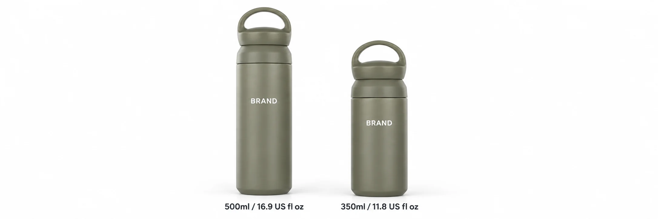 Olive 500ml and 350ml vacuum flasks with capacity labels