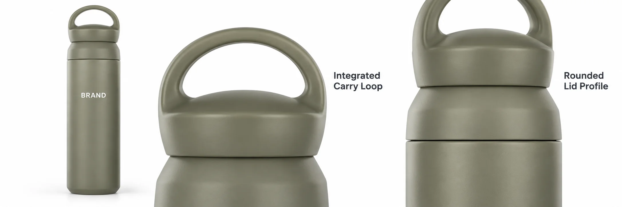 Full olive flask beside enlarged views of its loop handle and lid profile