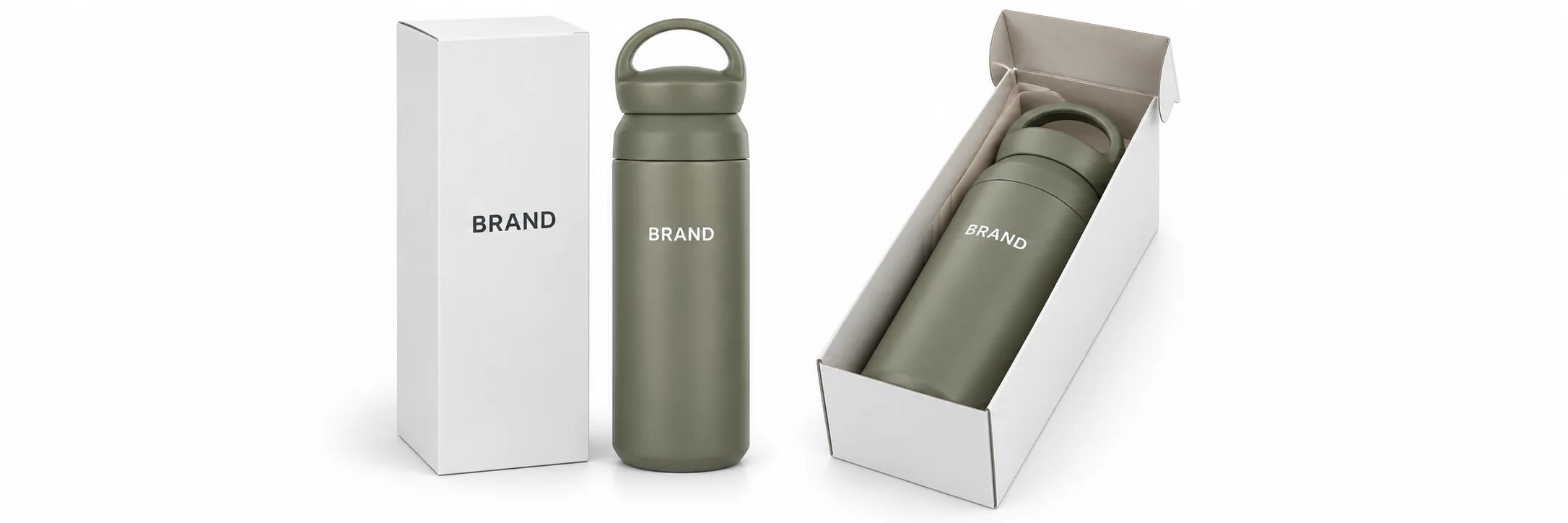 Olive vacuum flasks displayed beside and inside fitted white product boxes