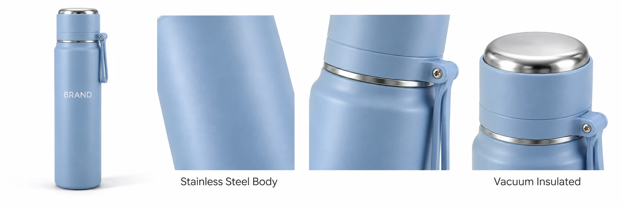 Light-blue vacuum bottle beside close-ups of its exterior surface, shoulder and metallic neck accent