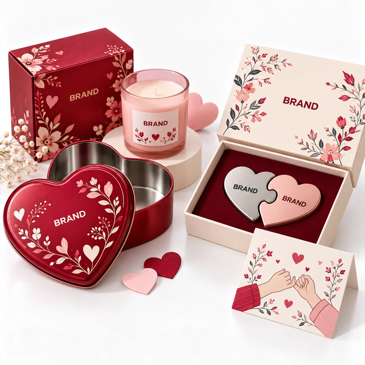 Heart-shaped tin and jar candle beside paired friendship keepsakes in a presentation box.