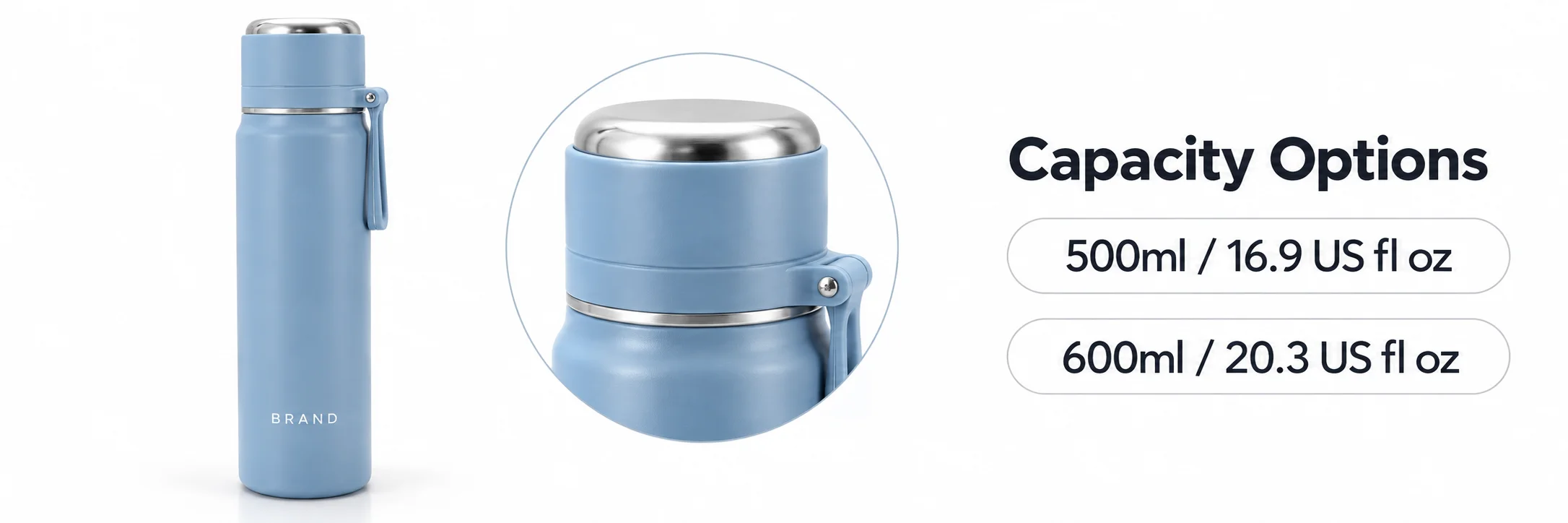Light-blue carry-loop bottle with labels for 500ml and 600ml capacities