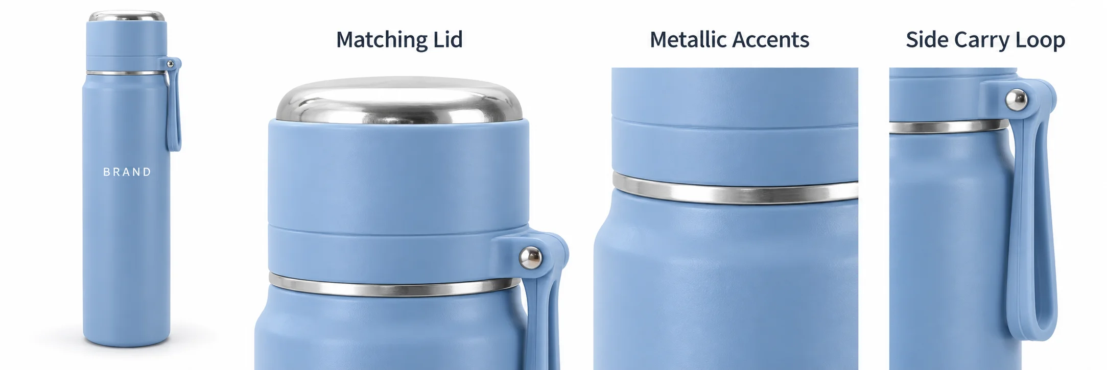 Light-blue bottle with enlarged views of its matching lid, metallic top and short side loop