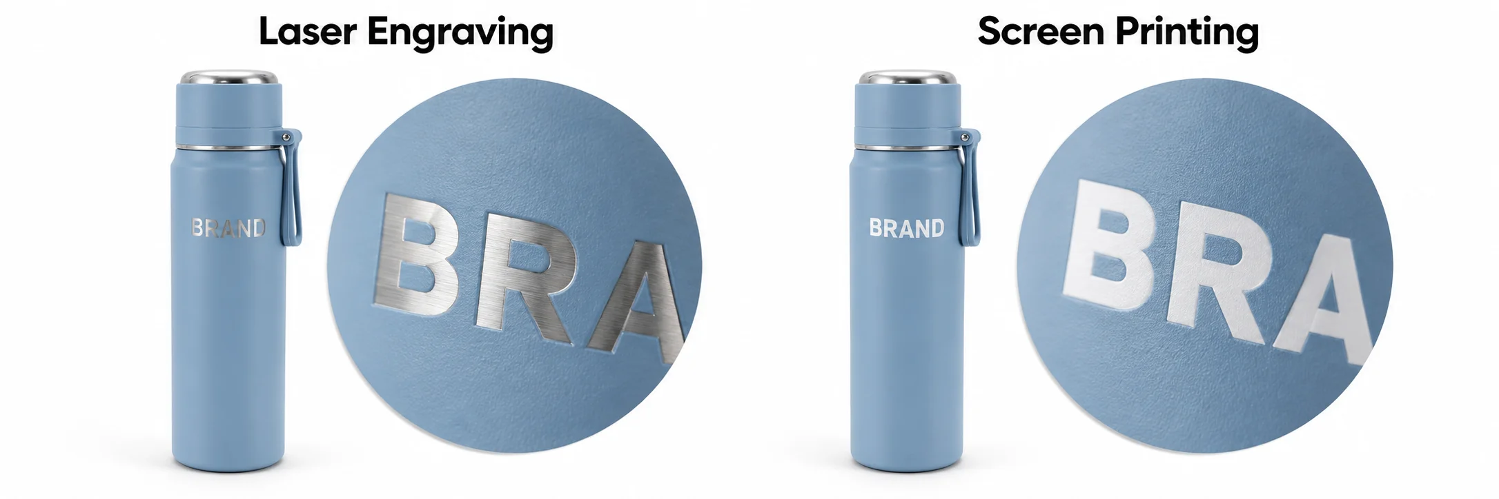 Laser engraving and screen printing demonstrated directly on light-blue bottles with enlarged artwork details