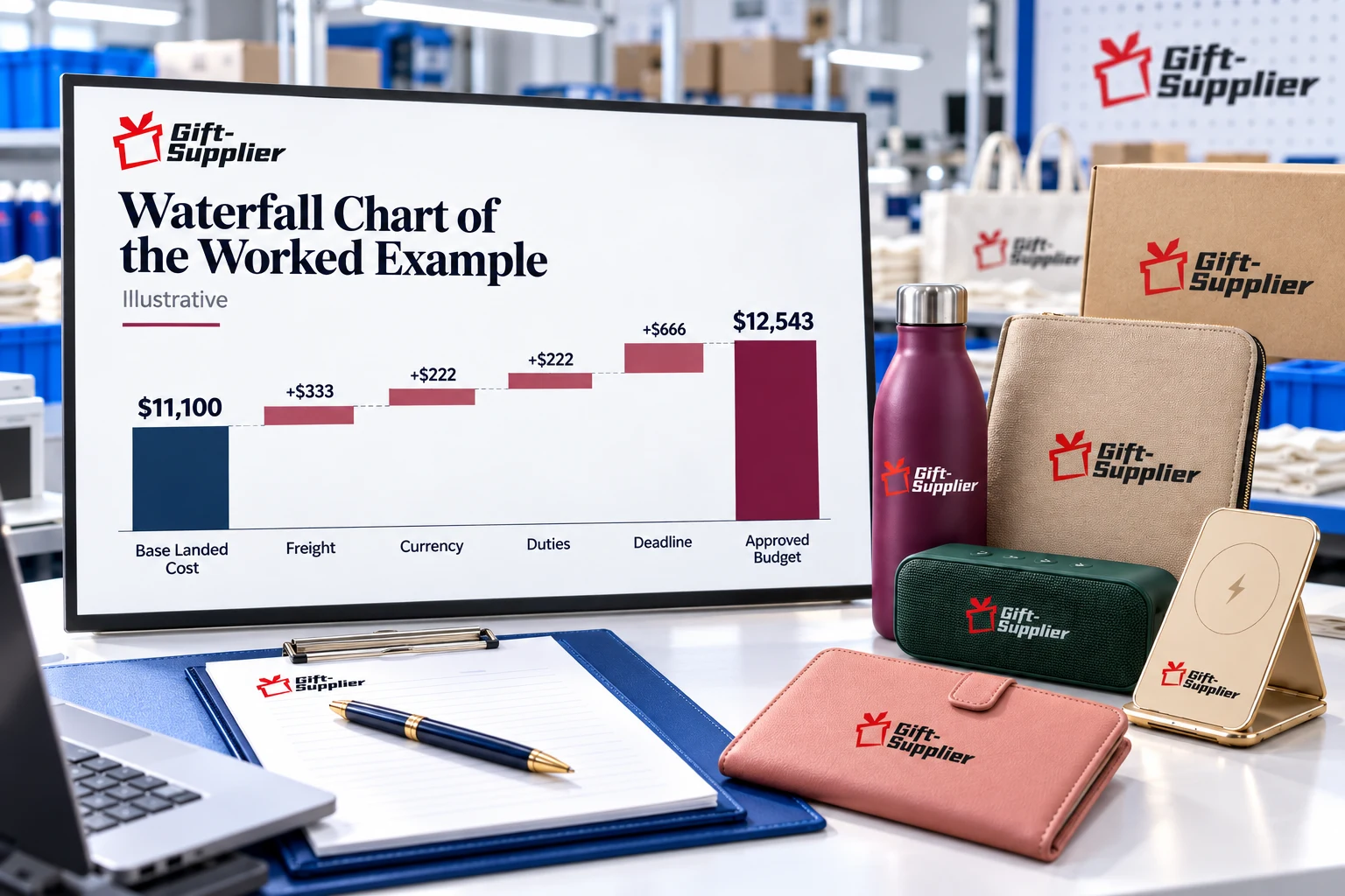 Waterfall chart building a $12,543 approved budget from an $11,100 base and four contingency drivers.