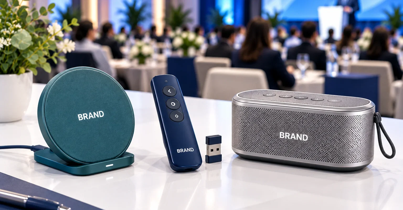 Teal wireless charging pad, navy presentation clicker with USB receiver and silver Bluetooth speaker